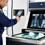 **An airport security agent skillfully operating an X-ray machine, inspecting luggage with focused attention. The scene showcases modern scanning technology, highlighting the agent's expertise in identifying potential threats, with a subtle background hint of a busy airport terminal.**