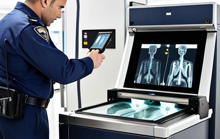 **An airport security agent skillfully operating an X-ray machine, inspecting luggage with focused attention. The scene showcases modern scanning technology, highlighting the agent's expertise in identifying potential threats, with a subtle background hint of a busy airport terminal.**