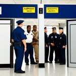 **Airport Security Training Simulation:** A diverse group of security personnel participating in a realistic airport security training exercise. Focus on the use of a metal detector archway with a serious looking trainee being observed by a stern instructor. The setting is a mock airport security checkpoint.