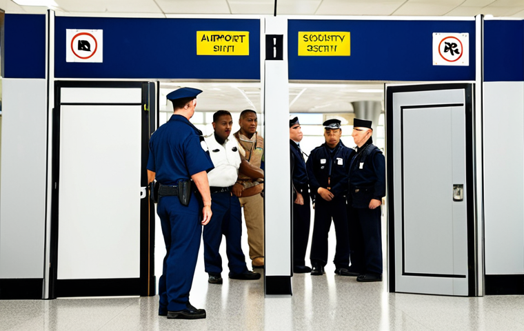 **Airport Security Training Simulation:** A diverse group of security personnel participating in a realistic airport security training exercise. Focus on the use of a metal detector archway with a serious looking trainee being observed by a stern instructor. The setting is a mock airport security checkpoint.