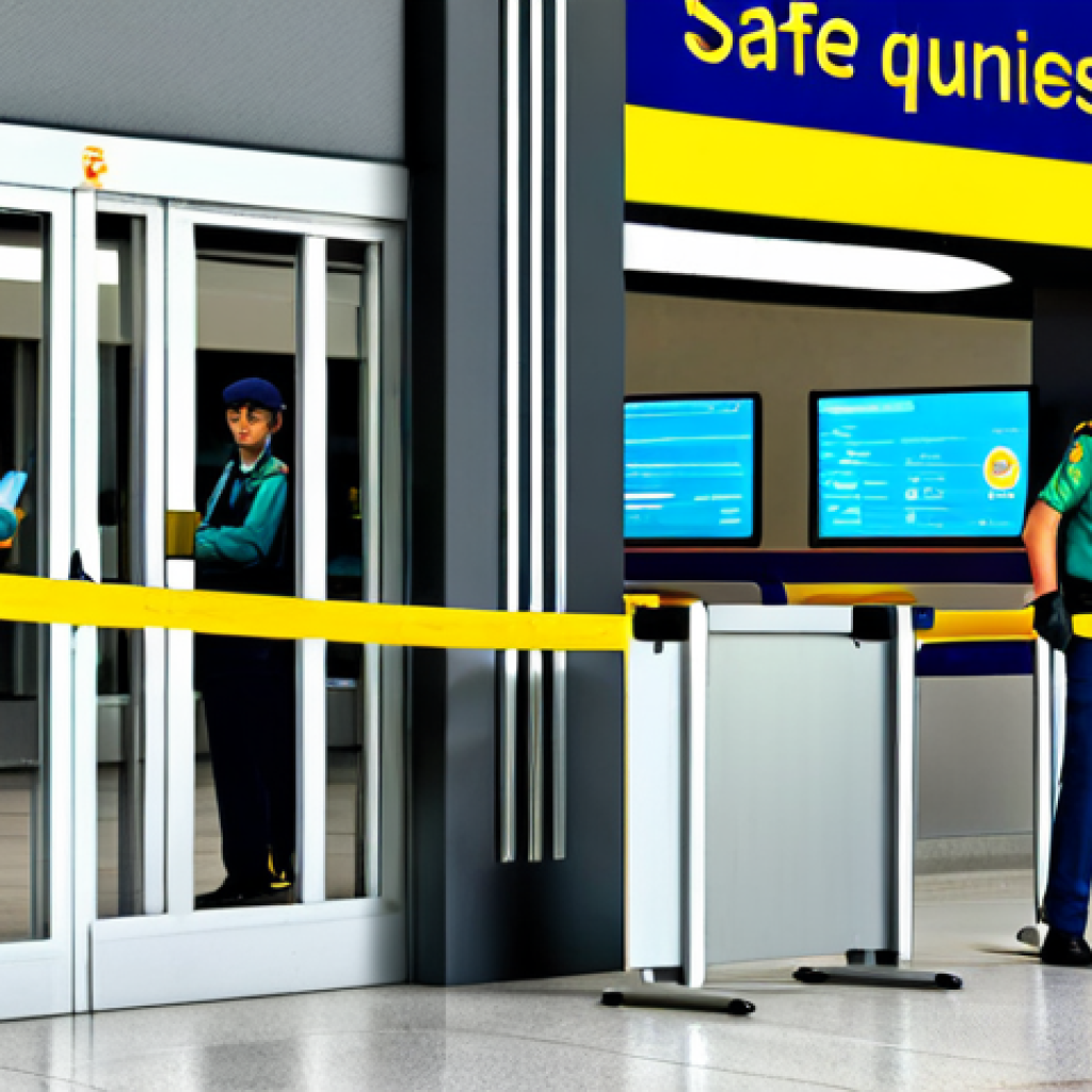 **Prompt:** Interior of a modern Spanish airport security checkpoint. Guardia Civil officer smiles reassuringly at a family passing through, fully clothed. Advanced scanning technology visible in the background. "Safe travels!" banner in Spanish. Bright, professional photography, safe for work, appropriate content, fully clothed, family-friendly.