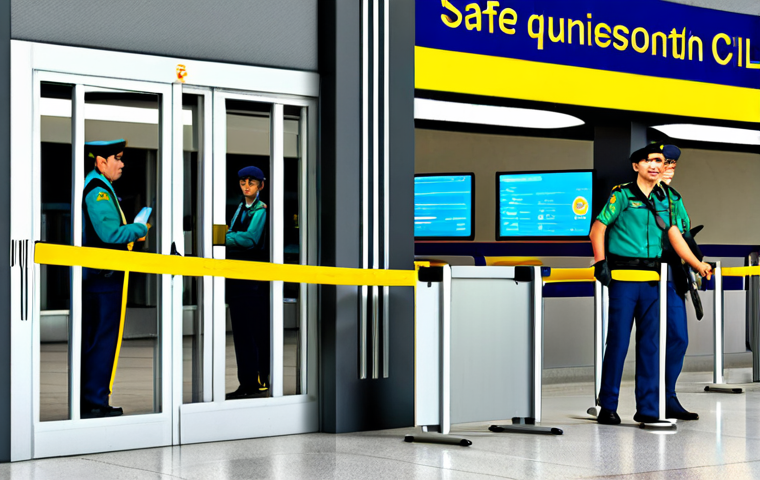 **Prompt:** Interior of a modern Spanish airport security checkpoint. Guardia Civil officer smiles reassuringly at a family passing through, fully clothed. Advanced scanning technology visible in the background. "Safe travels!" banner in Spanish. Bright, professional photography, safe for work, appropriate content, fully clothed, family-friendly.