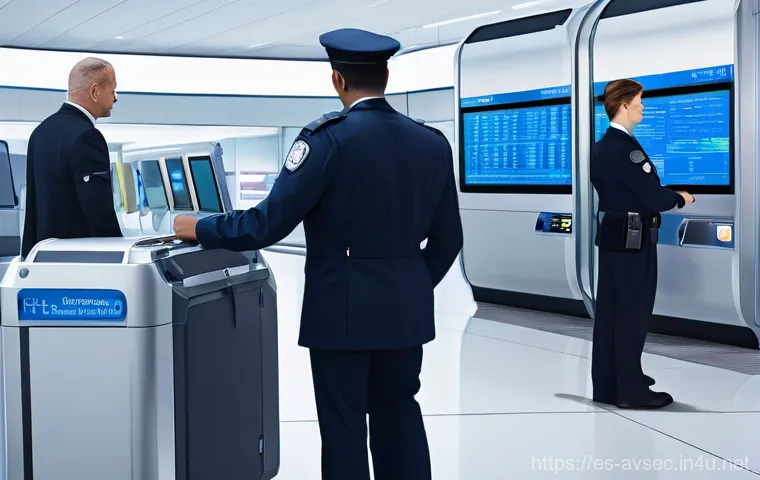 항공보안관리사 자격시험 최신 동향 - **Prompt:** "A highly detailed, realistic image depicting a modern airport security checkpoint. On t...