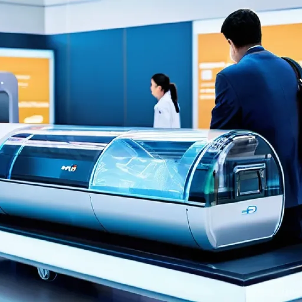 항공보안관리사와 공항 출입 통제 사례 - **Prompt:** A futuristic airport security checkpoint. A diverse group of travelers, including adults...