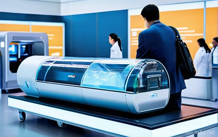 항공보안관리사와 공항 출입 통제 사례 - **Prompt:** A futuristic airport security checkpoint. A diverse group of travelers, including adults...