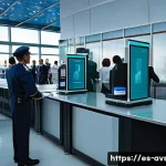 항공보안관리사 보안 스캐닝 실무 - A busy airport security checkpoint scene in a modern Spanish airport, featuring diverse security per...