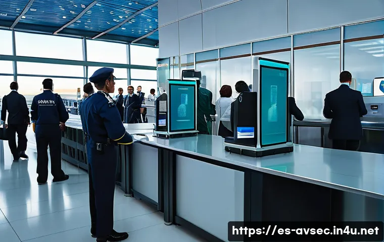 항공보안관리사 보안 스캐닝 실무 - A busy airport security checkpoint scene in a modern Spanish airport, featuring diverse security per...