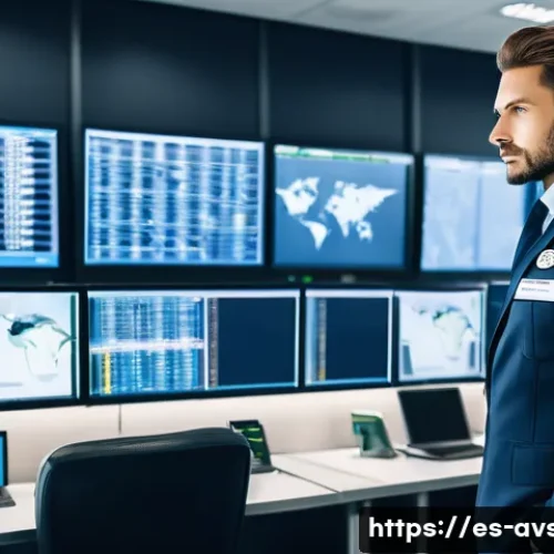 Home 33 항공보안관리사 이직 전략 - A professional airport security manager standing confidently in a busy international airport control...