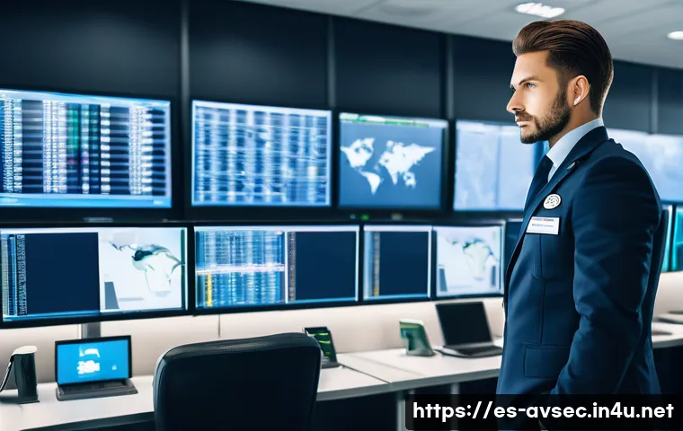 항공보안관리사 이직 전략 - A professional airport security manager standing confidently in a busy international airport control...