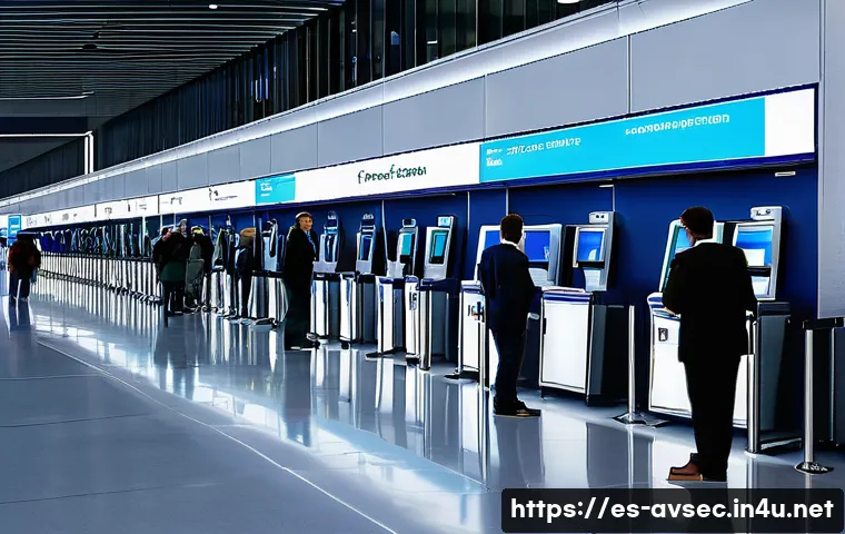항공보안관리사 취업 유망 분야 - A modern European airport security checkpoint featuring a diverse group of professional security sta...