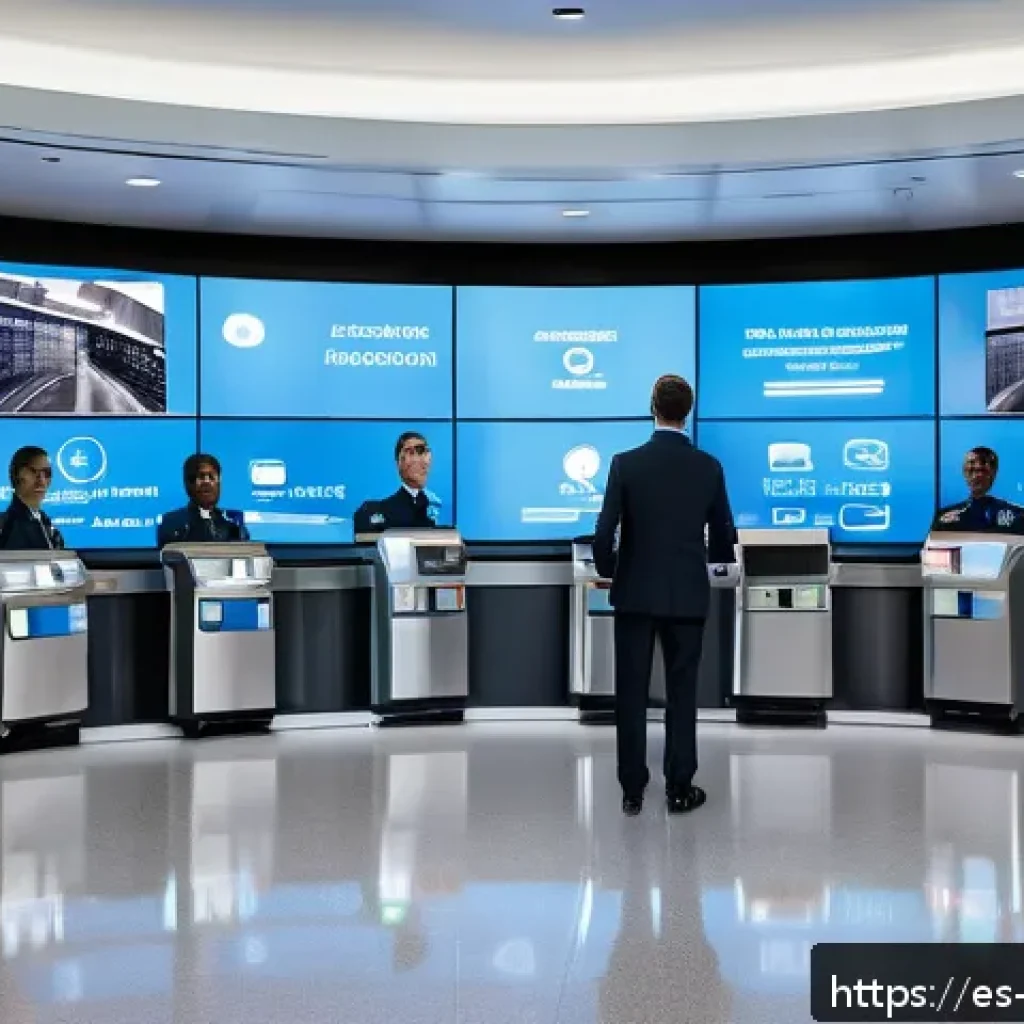 항공보안관리사와 보안 리스크 관리 - A high-tech airport security control room featuring diverse security personnel actively monitoring m...