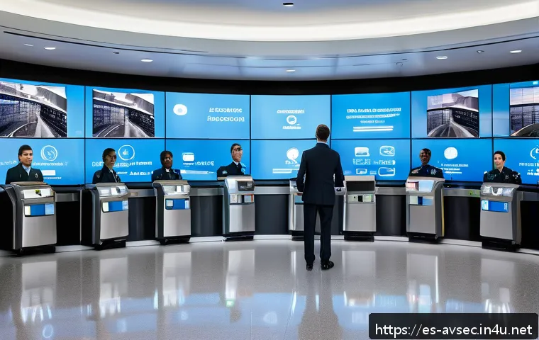 항공보안관리사와 보안 리스크 관리 - A high-tech airport security control room featuring diverse security personnel actively monitoring m...