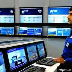 Home 18 항공보안관리사 직무 인터뷰 사례 - A professional airport security manager in a modern Spanish airport control room, monitoring multipl...
