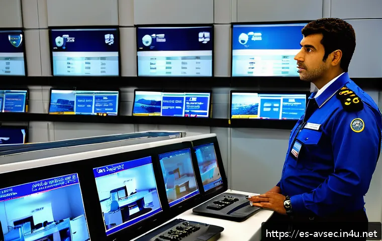 항공보안관리사 직무 인터뷰 사례 - A professional airport security manager in a modern Spanish airport control room, monitoring multipl...