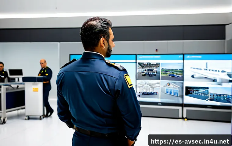 항공보안관리사 실무 트렌드 - Photorealistic modern Spanish airport security operations room, experienced aviation security manage...